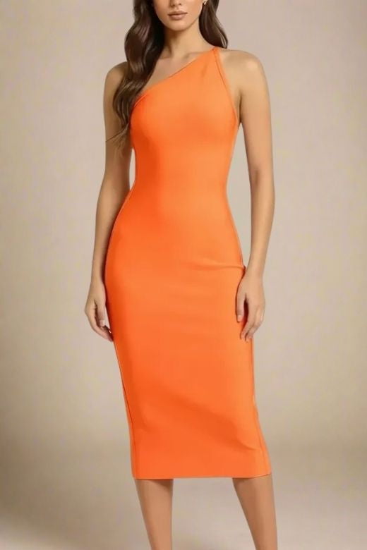 Woman wearing a figure flattering Joi Bodycon Midi Dress - Apricot Orange Bodycon Collection