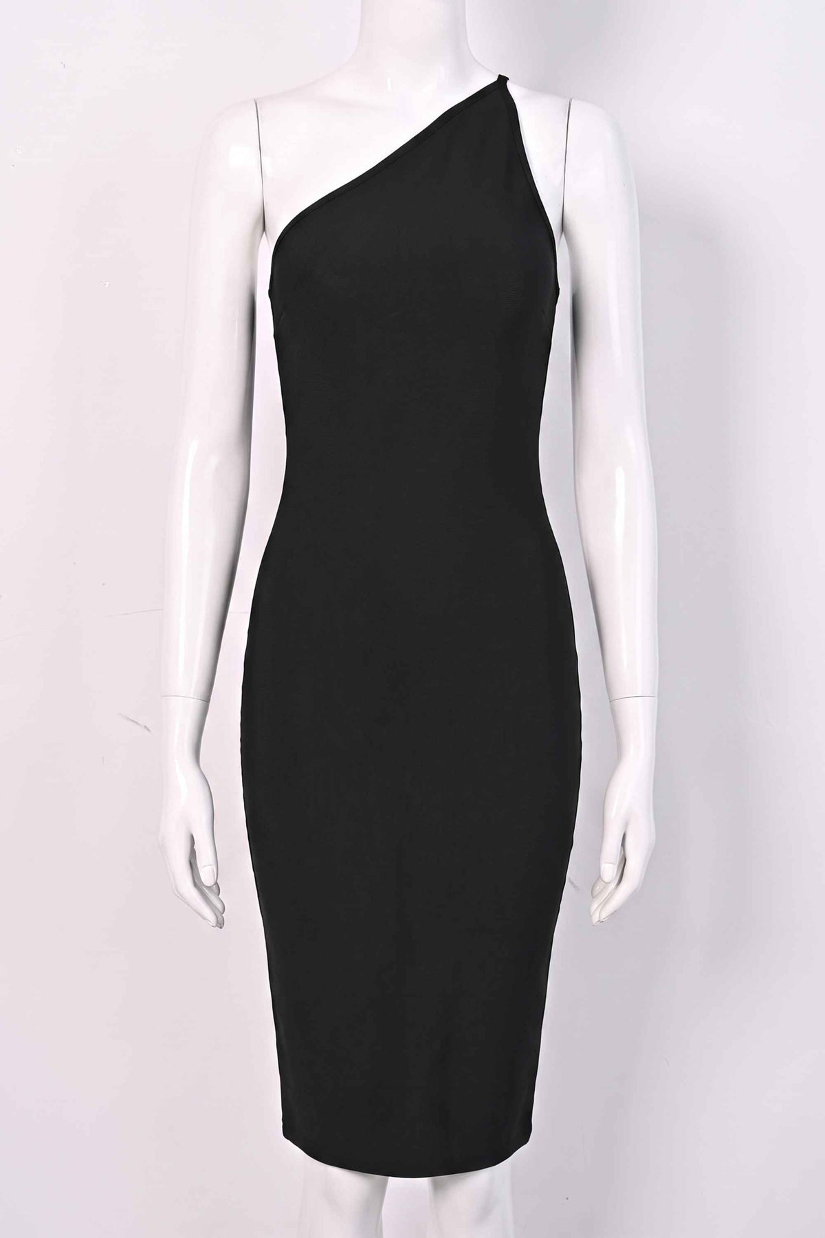 Woman wearing a figure flattering Joi Bodycon Midi Dress - Classic Black Bodycon Collection