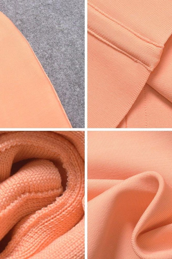 Woman wearing a figure flattering Joi Bodycon Midi Dress - Peach Bodycon Collection