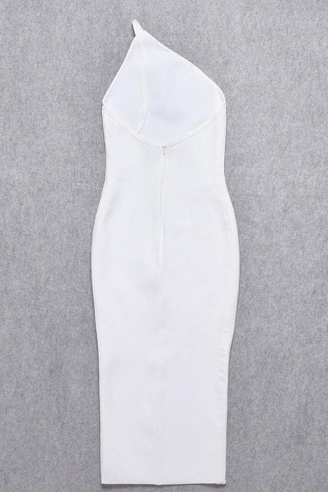 Woman wearing a figure flattering Joi Bodycon Midi Dress - Pearl White Bodycon Collection