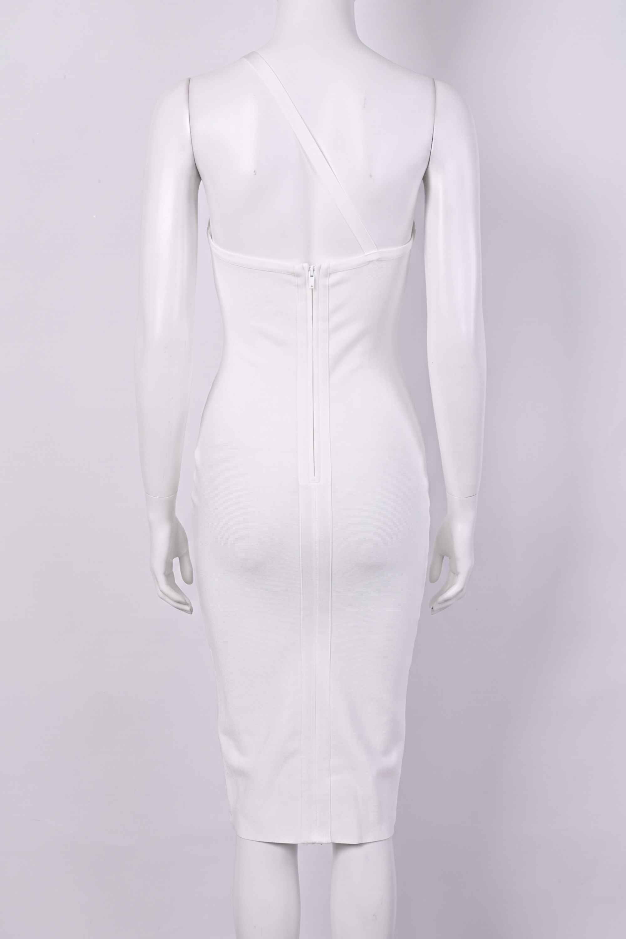 Woman wearing a figure flattering Joi Bodycon Midi Dress - Pearl White Bodycon Collection