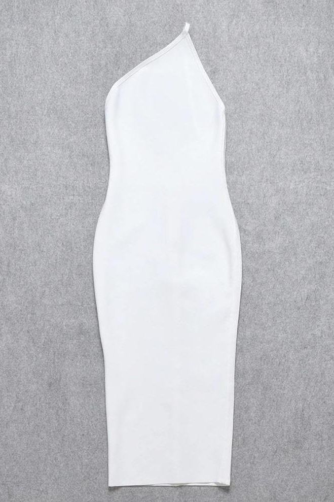 Woman wearing a figure flattering Joi Bodycon Midi Dress - Pearl White Bodycon Collection