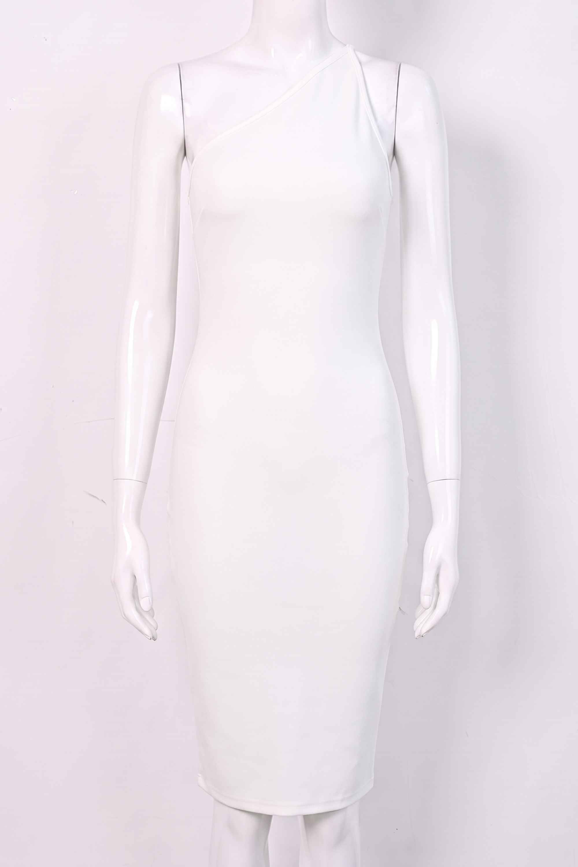 Woman wearing a figure flattering Joi Bodycon Midi Dress - Pearl White Bodycon Collection