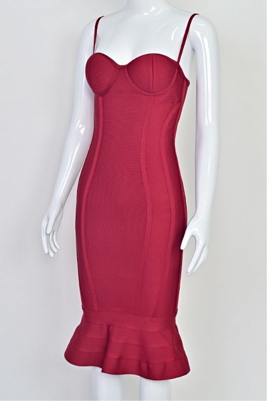 Woman wearing a figure flattering Joy Bandage Midi Dress - Red Wine Bodycon Collection