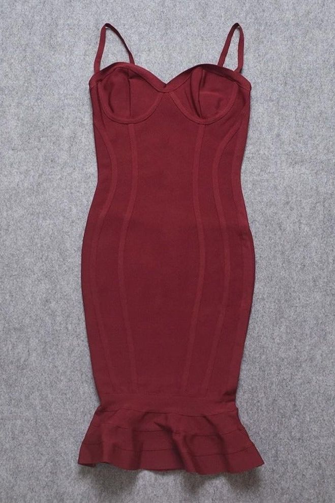 Woman wearing a figure flattering Joy Bandage Midi Dress - Red Wine Bodycon Collection