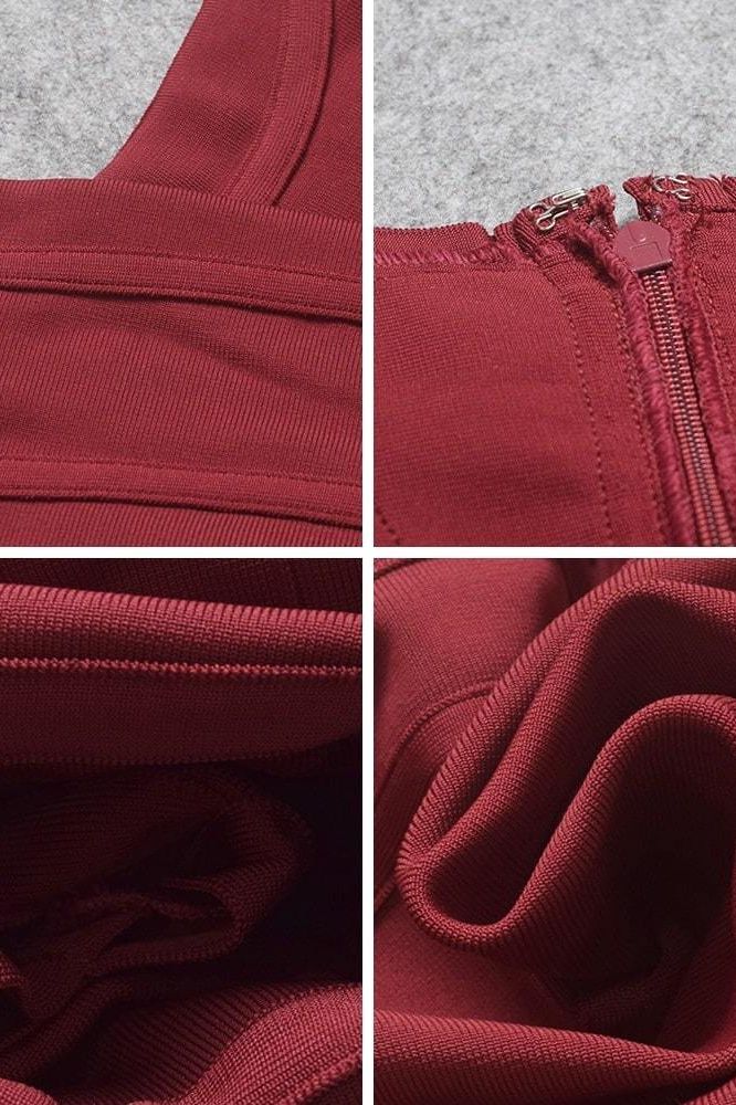 Woman wearing a figure flattering Joy Bandage Midi Dress - Red Wine Bodycon Collection