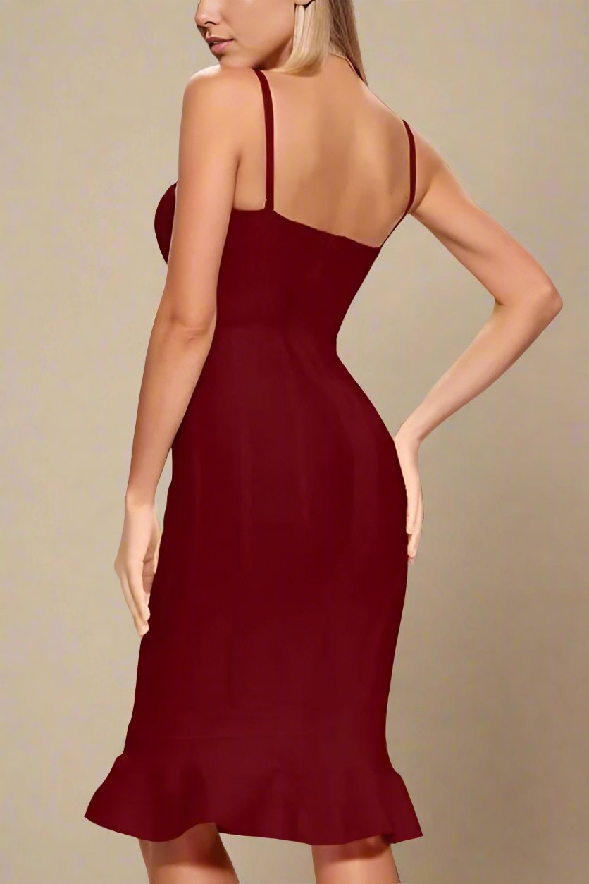 Woman wearing a figure flattering Joy Bandage Midi Dress - Red Wine Bodycon Collection