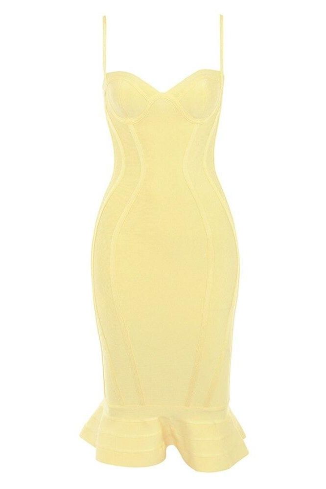 Woman wearing a figure flattering Joy Bandage Midi Dress - Sun Yellow Bodycon Collection