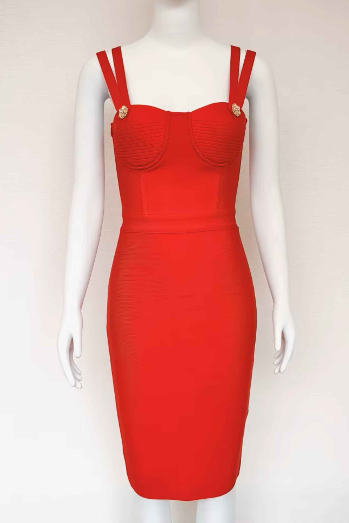 Woman wearing a figure flattering Kate Bandage Dress - Lipstick Red Bodycon Collection