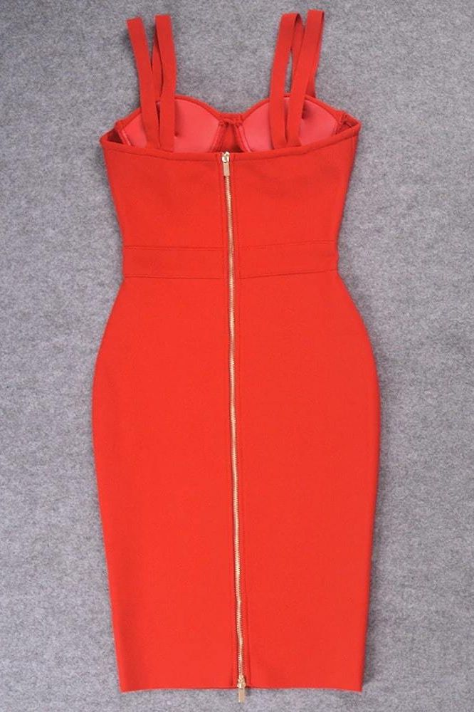 Woman wearing a figure flattering Kate Bandage Dress - Lipstick Red Bodycon Collection