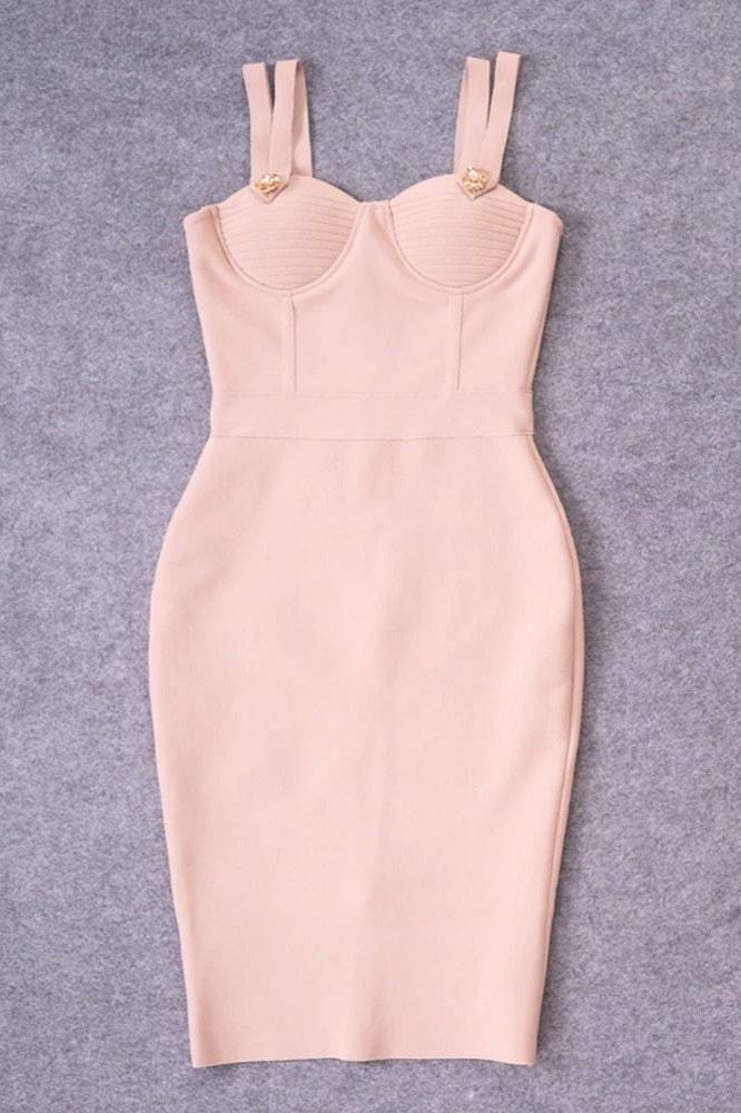 Woman wearing a figure flattering Kate Bandage Dress - Nude Bodycon Collection