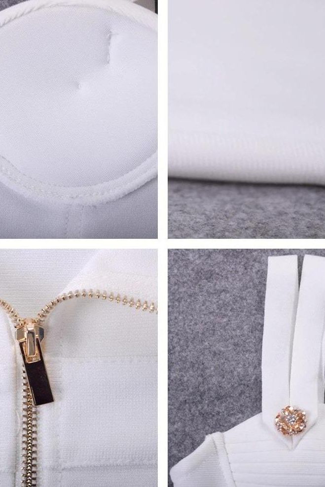 Woman wearing a figure flattering Kate Bandage Dress - Pearl White Bodycon Collection