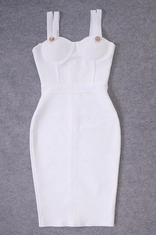 Woman wearing a figure flattering Kate Bandage Dress - Pearl White Bodycon Collection