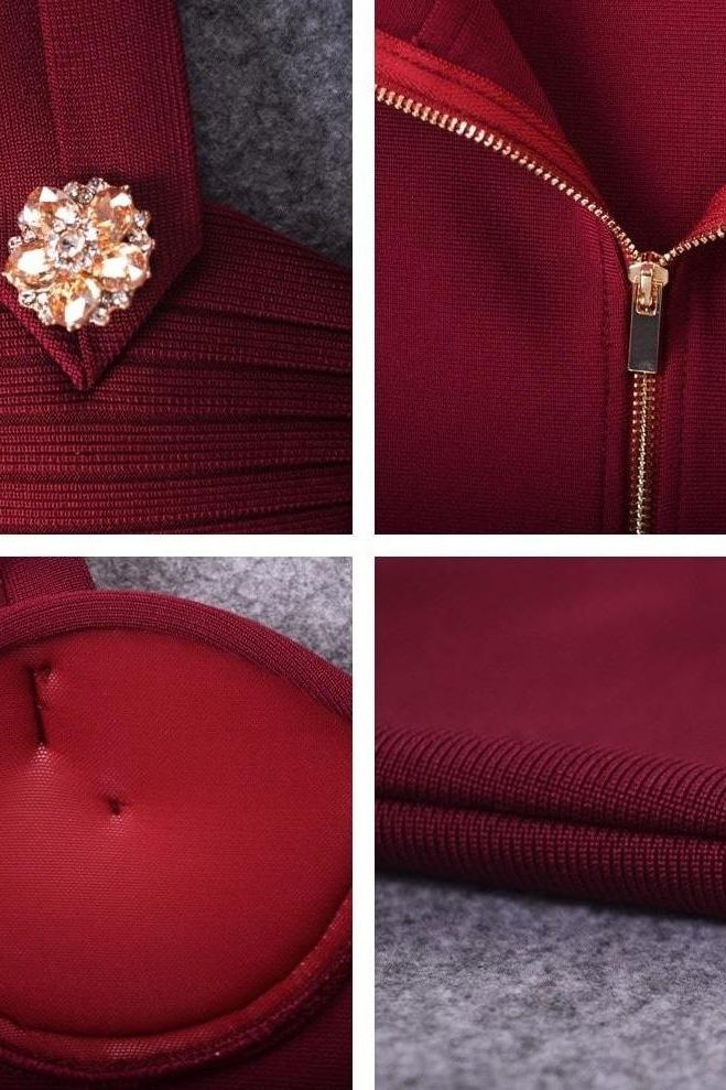 Woman wearing a figure flattering Kate Bandage Dress - Red Wine Bodycon Collection