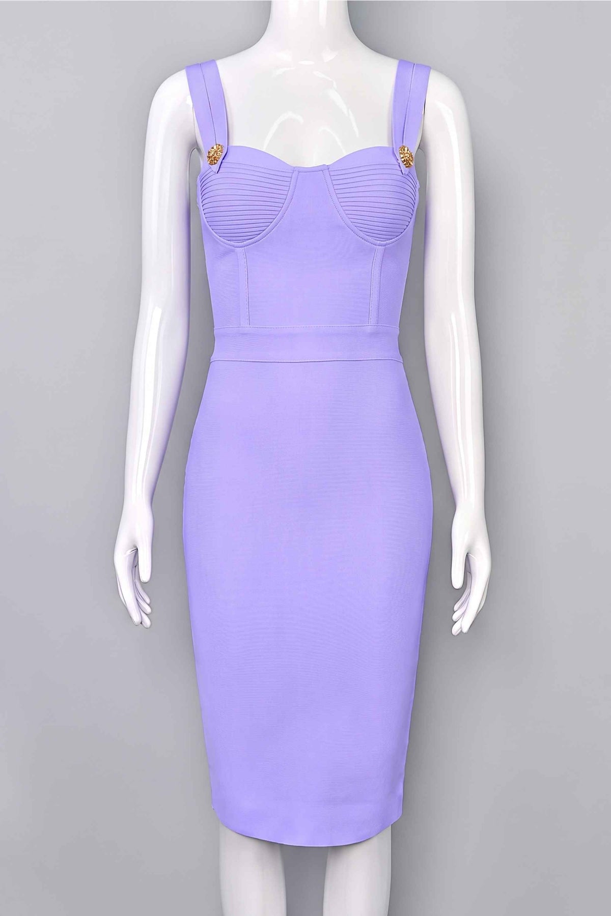 Woman wearing a figure flattering Kate Bandage Dress - Violet Bodycon Collection