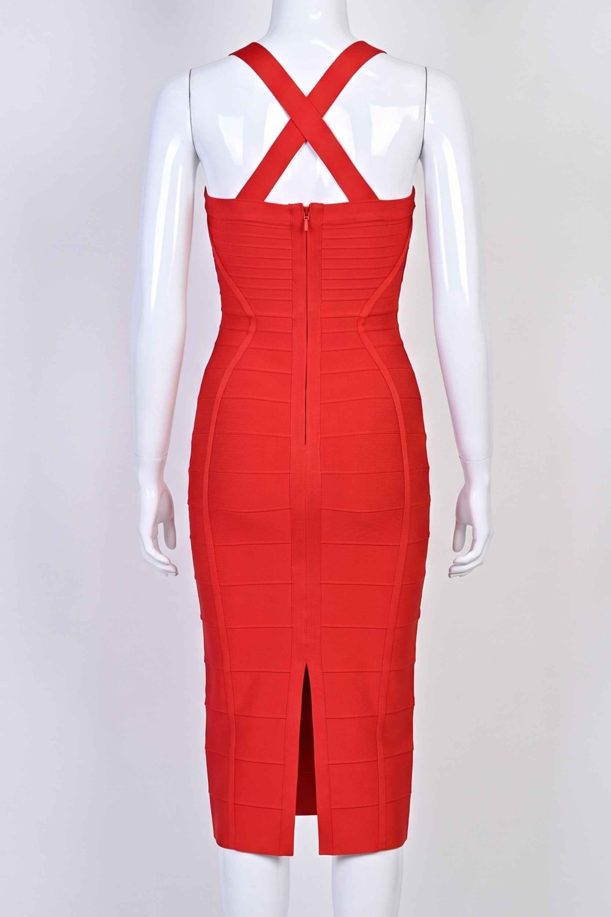 Woman wearing a figure flattering Kendall Bandage Midi Dress - Lipstick Red BODYCON COLLECTION