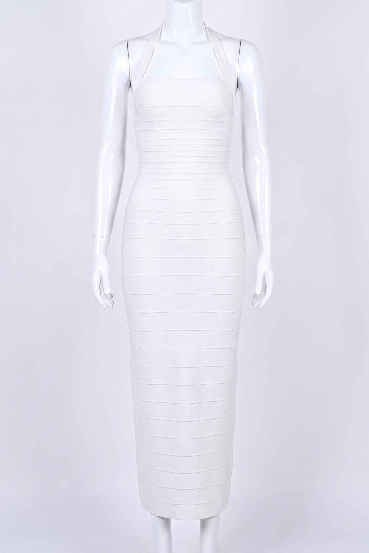 Woman wearing a figure flattering Kia Bandage Maxi Dress - White Pearl BODYCON COLLECTION Pty Ltd