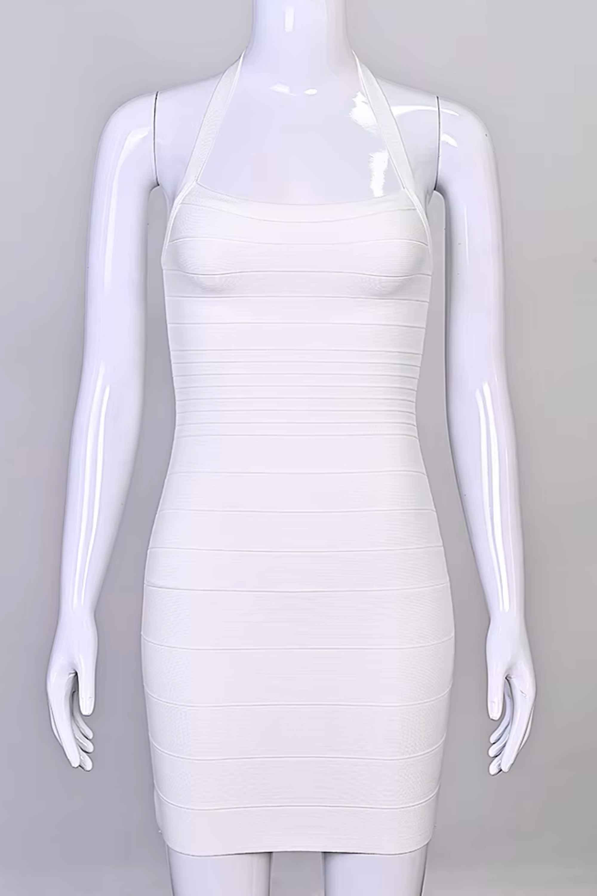 Woman wearing a figure flattering Kia Bandage Mini Dress - White Pearl BODYCON COLLECTION Pty Ltd