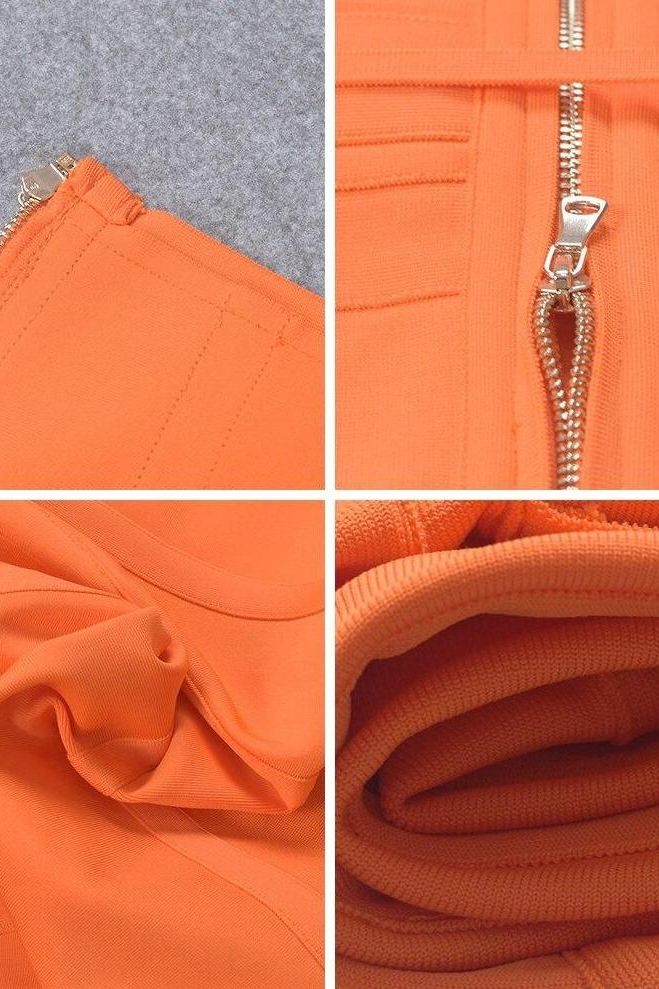 Woman wearing a figure flattering Kit Bandage Dress - Apricot Orange Bodycon Collection