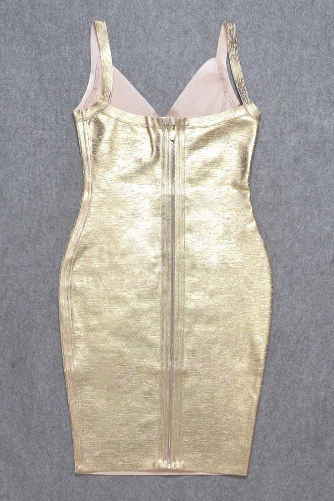 Woman wearing a figure flattering Kit Bandage Dress - Gold Bodycon Collection
