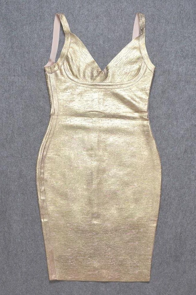 Woman wearing a figure flattering Kit Bandage Dress - Gold Bodycon Collection