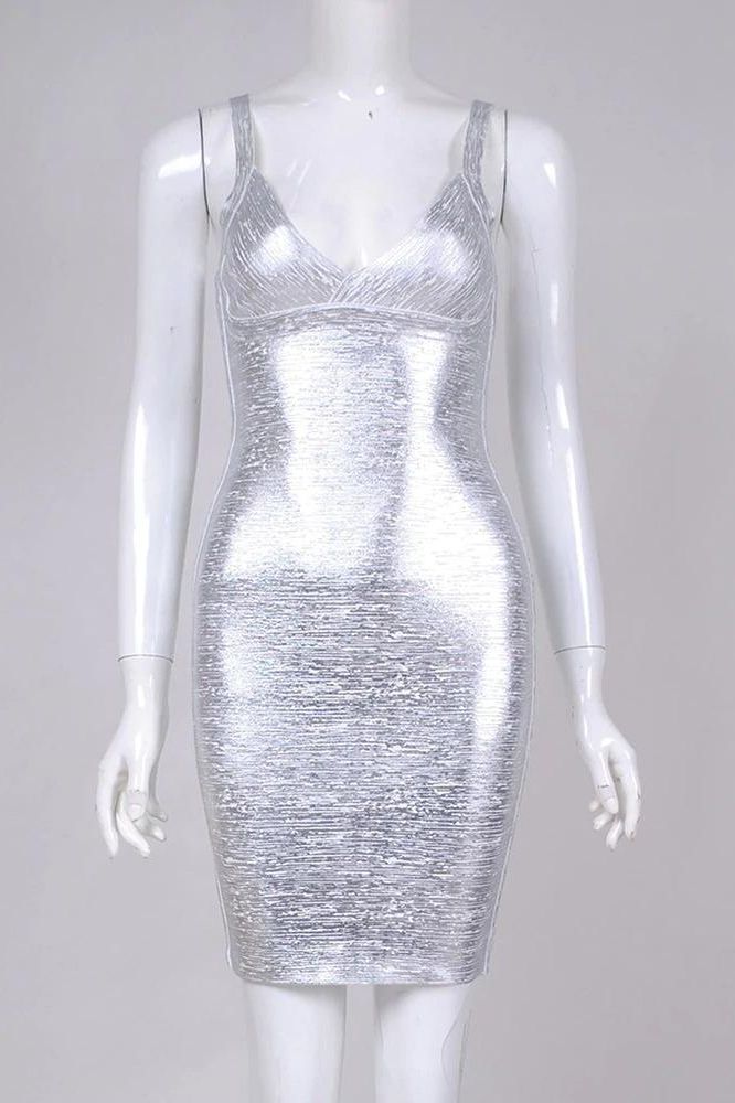 Woman wearing a figure flattering Kit Bandage Dress - Silver Bodycon Collection