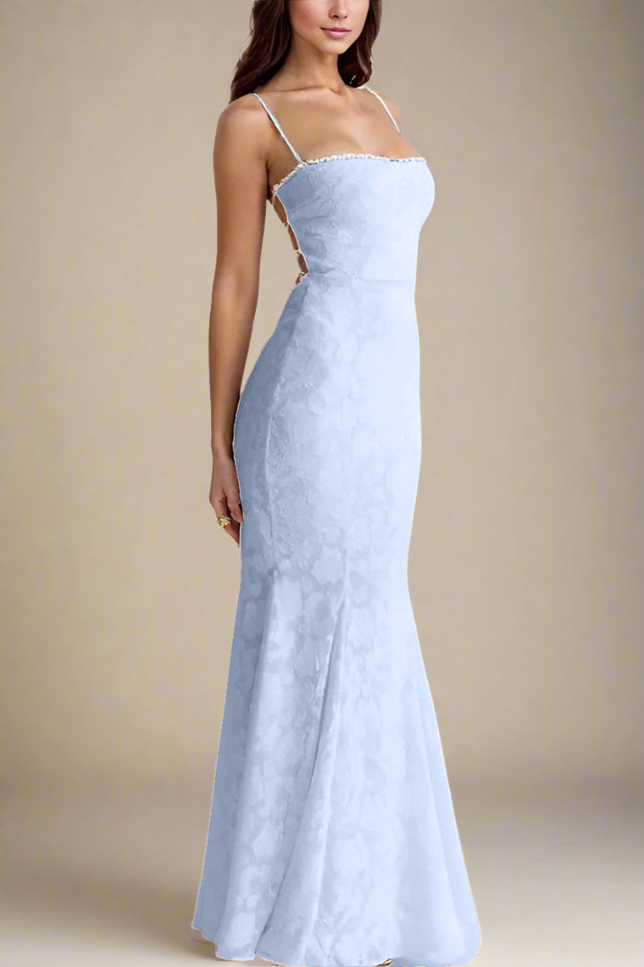 Woman wearing a figure flattering Kora Bodycon Maxi Dress - Baby Blue BODYCON COLLECTION