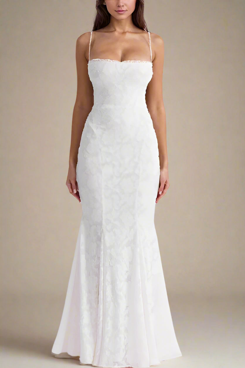 Woman wearing a figure flattering Kora Bodycon Maxi Dress - Pearl White BODYCON COLLECTION