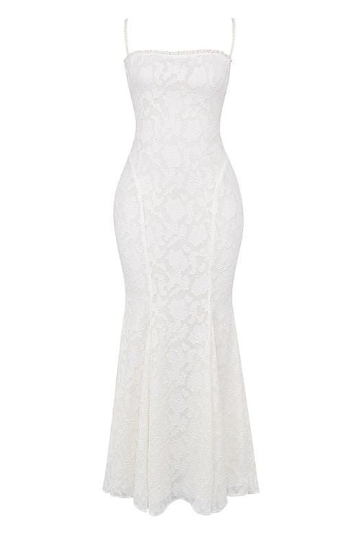 Woman wearing a figure flattering Kora Bodycon Maxi Dress - Pearl White BODYCON COLLECTION