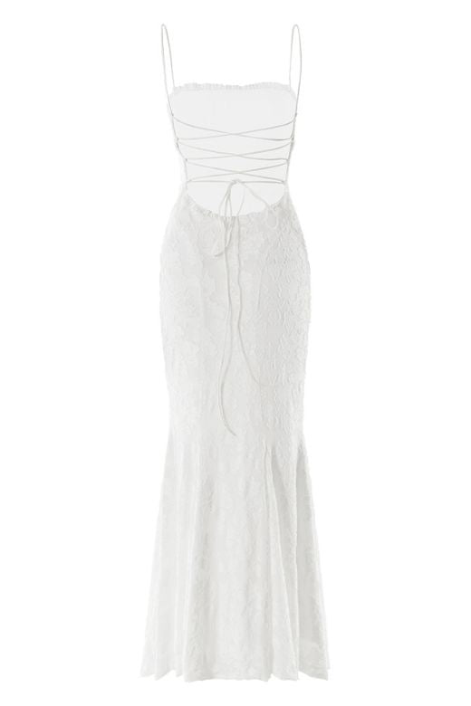 Woman wearing a figure flattering Kora Bodycon Maxi Dress - Pearl White BODYCON COLLECTION