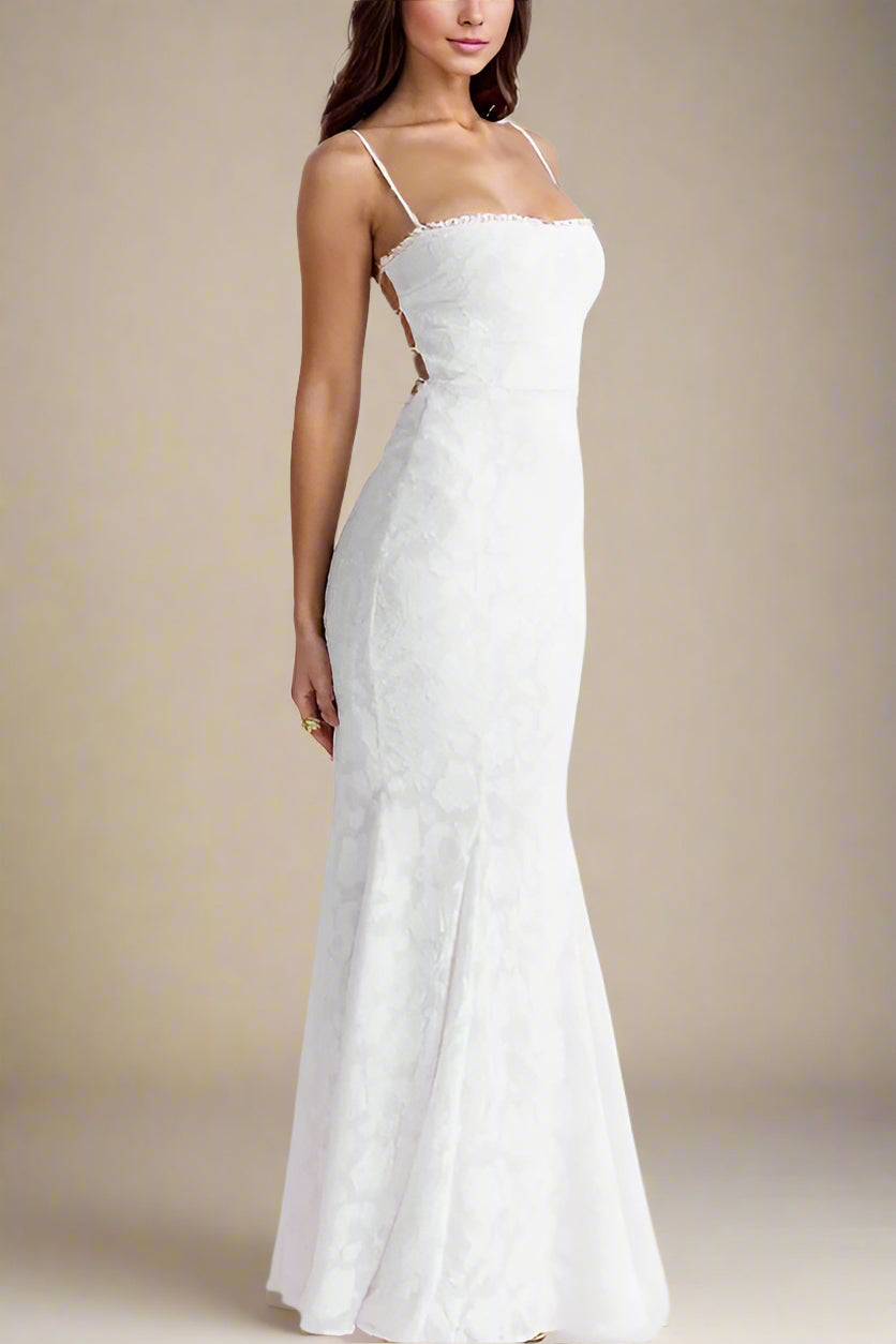 Woman wearing a figure flattering Kora Bodycon Maxi Dress - Pearl White BODYCON COLLECTION