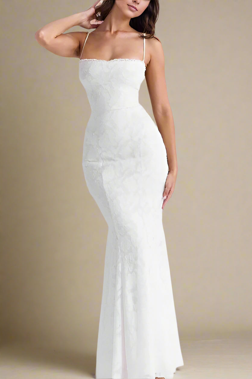 Woman wearing a figure flattering Kora Bodycon Maxi Dress - Pearl White BODYCON COLLECTION