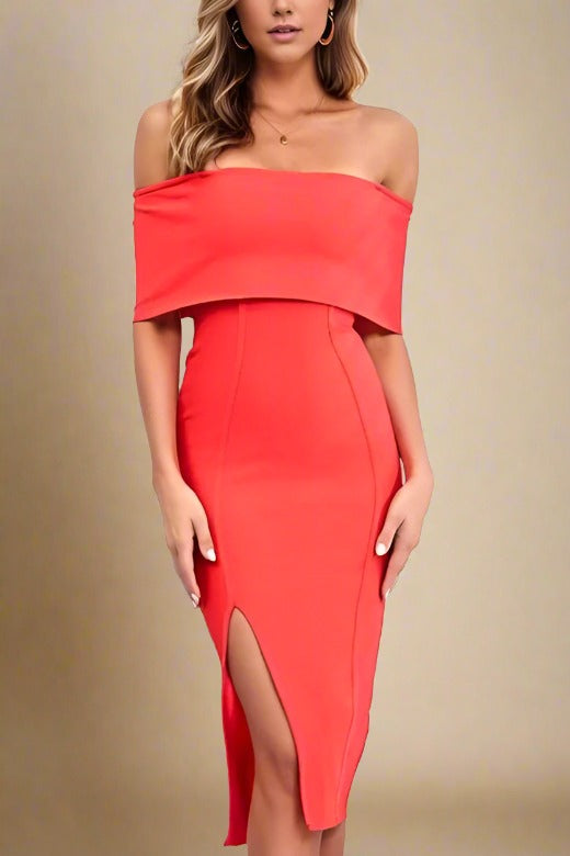 Woman wearing a figure flattering Kristina Bodycon Dress Dress - Lipstick Red BODYCON COLLECTION