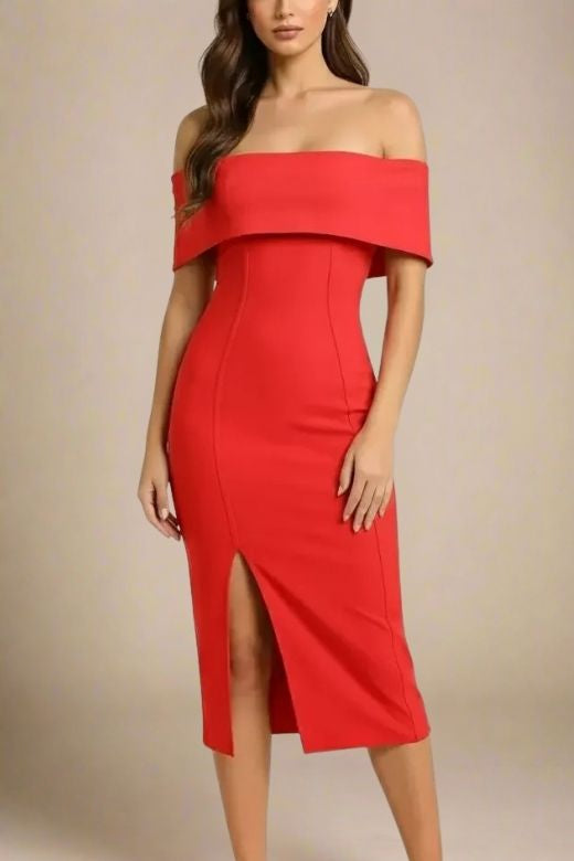 Woman wearing a figure flattering Kristina Bodycon Dress Dress - Lipstick Red BODYCON COLLECTION