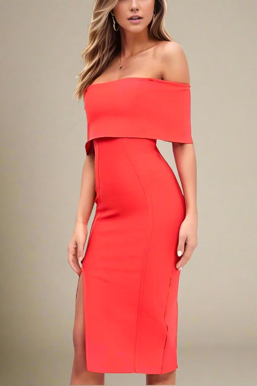 Woman wearing a figure flattering Kristina Bodycon Dress Dress - Lipstick Red BODYCON COLLECTION