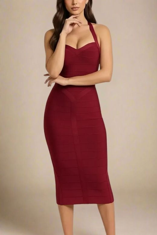 Woman wearing a figure flattering Lara Bandage Midi Dress - Red Wine BODYCON COLLECTION Pty Ltd