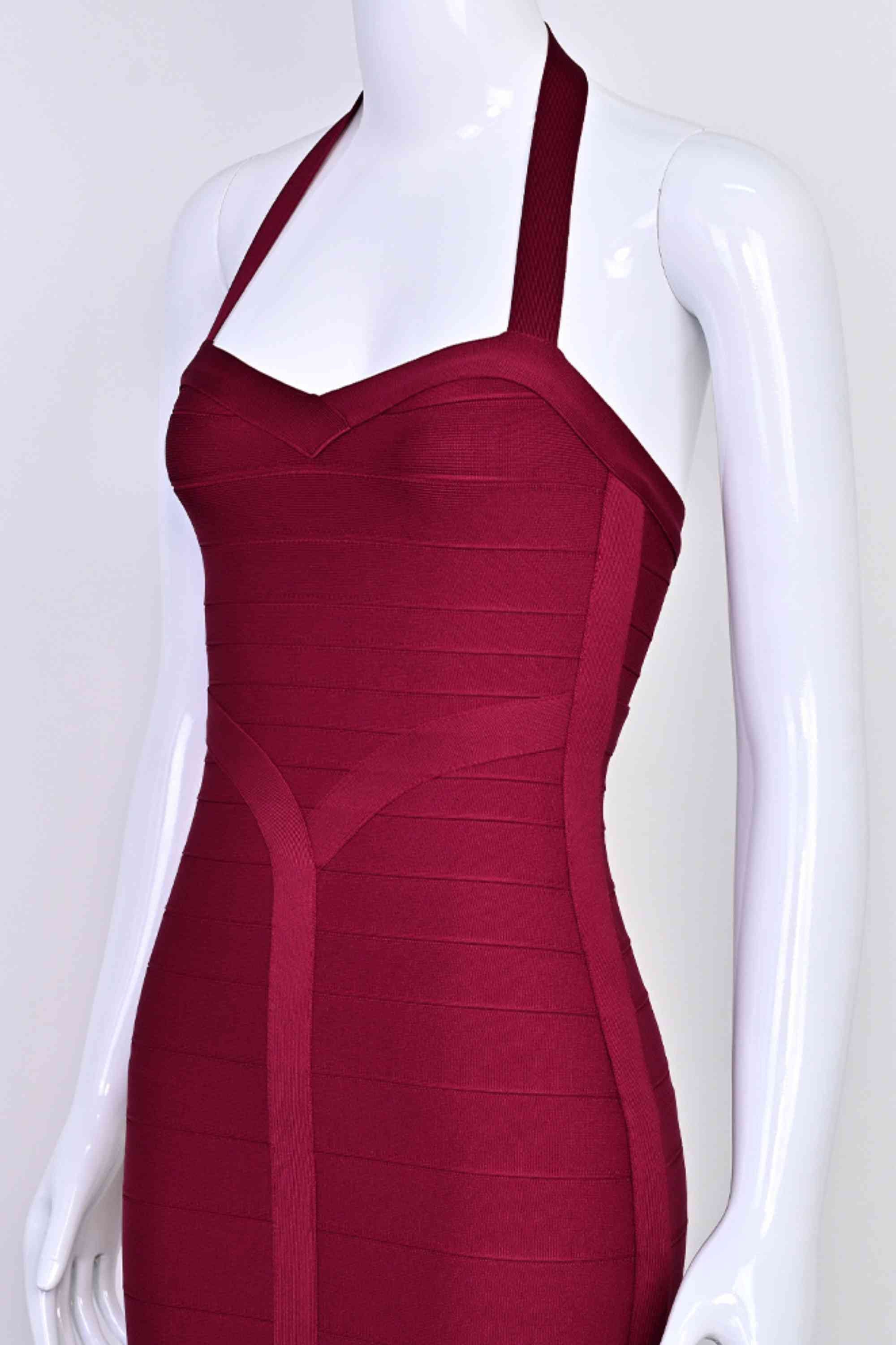 Woman wearing a figure flattering Lara Bandage Midi Dress - Red Wine BODYCON COLLECTION Pty Ltd