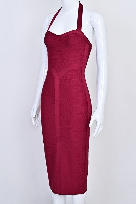 Woman wearing a figure flattering Lara Bandage Midi Dress - Red Wine BODYCON COLLECTION Pty Ltd
