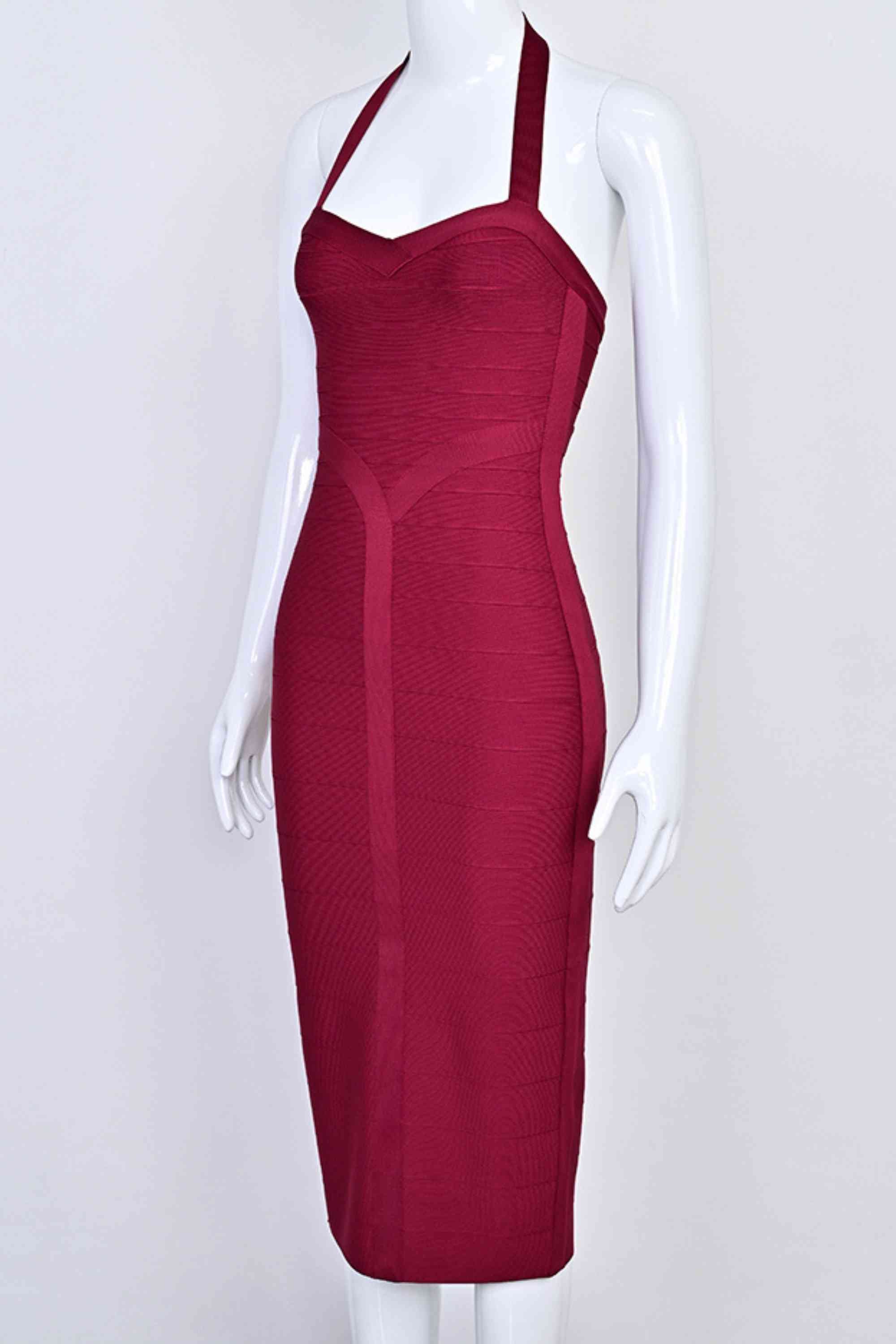 Woman wearing a figure flattering Lara Bandage Midi Dress - Red Wine BODYCON COLLECTION Pty Ltd