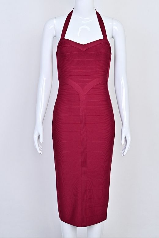 Woman wearing a figure flattering Lara Bandage Midi Dress - Red Wine BODYCON COLLECTION Pty Ltd