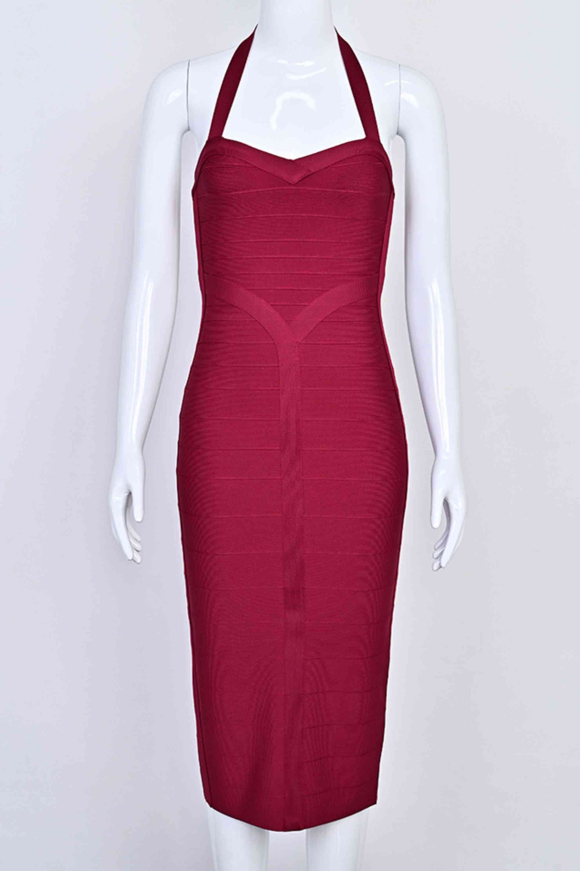 Woman wearing a figure flattering Lara Bandage Midi Dress - Red Wine BODYCON COLLECTION Pty Ltd