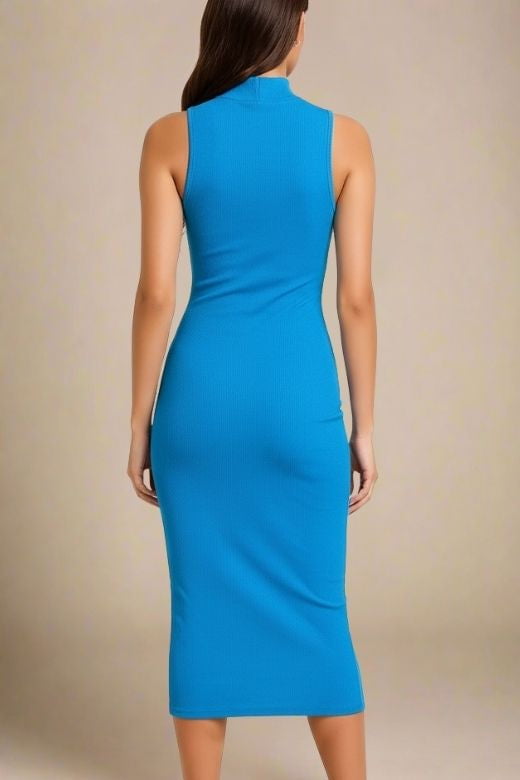 Woman wearing a figure flattering Layla Bandage Midi Dress - Sky Blue Bodycon Collection