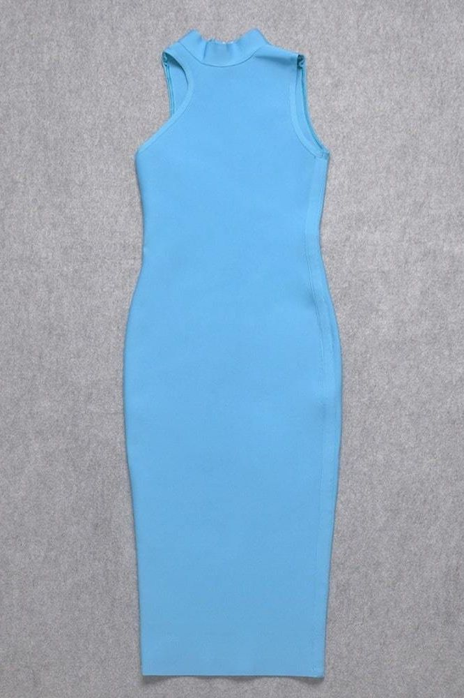 Woman wearing a figure flattering Layla Bandage Midi Dress - Sky Blue Bodycon Collection