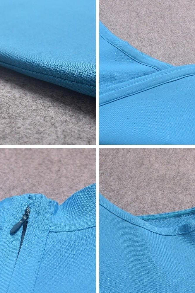 Woman wearing a figure flattering Layla Bandage Midi Dress - Sky Blue Bodycon Collection