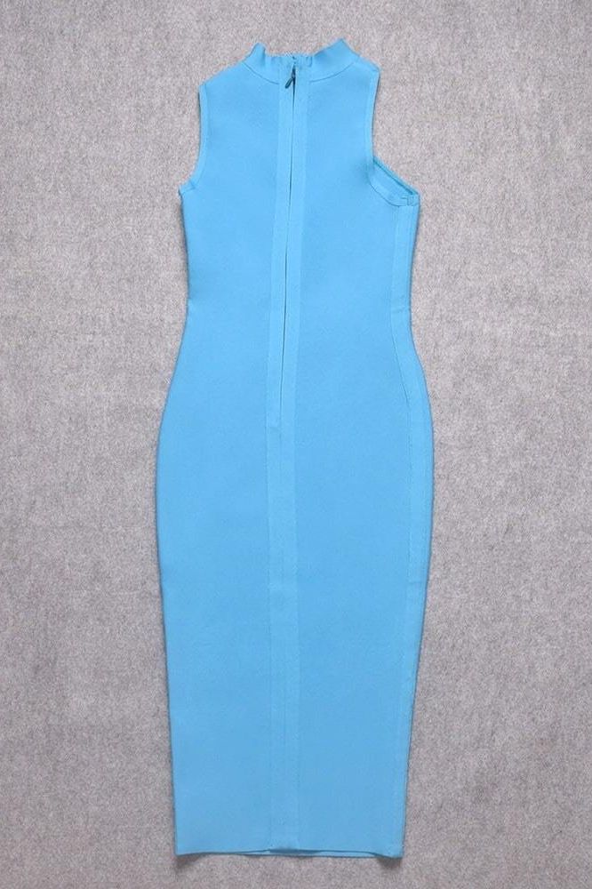 Woman wearing a figure flattering Layla Bandage Midi Dress - Sky Blue Bodycon Collection