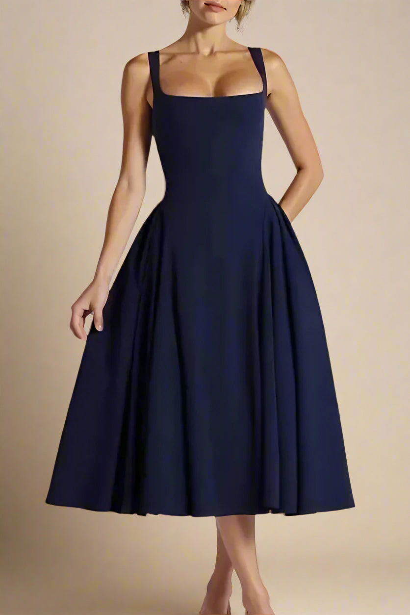 Woman wearing a figure flattering Layne Bodycon Midi Dress - Navy Blue BODYCON COLLECTION Pty Ltd
