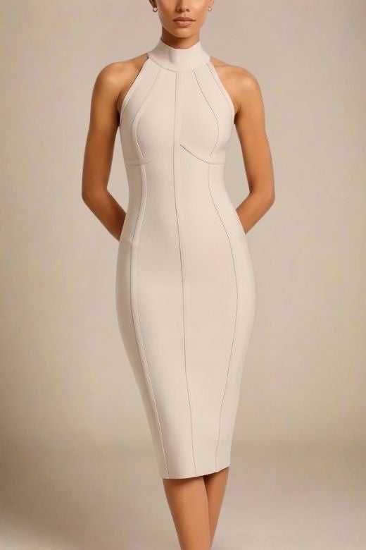 Woman wearing a figure flattering Lea Bandage Midi Dress - Beige Bodycon Collection