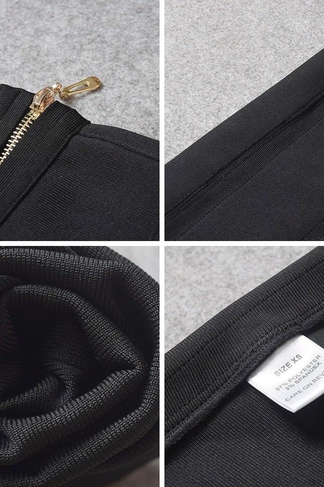 Woman wearing a figure flattering Lea Bandage Midi Dress - Classic Black Bodycon Collection