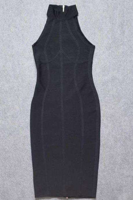 Woman wearing a figure flattering Lea Bandage Midi Dress - Classic Black Bodycon Collection