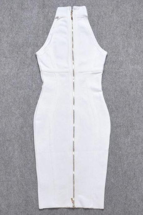 Woman wearing a figure flattering Lea Bandage Midi Dress - Pearl White Bodycon Collection